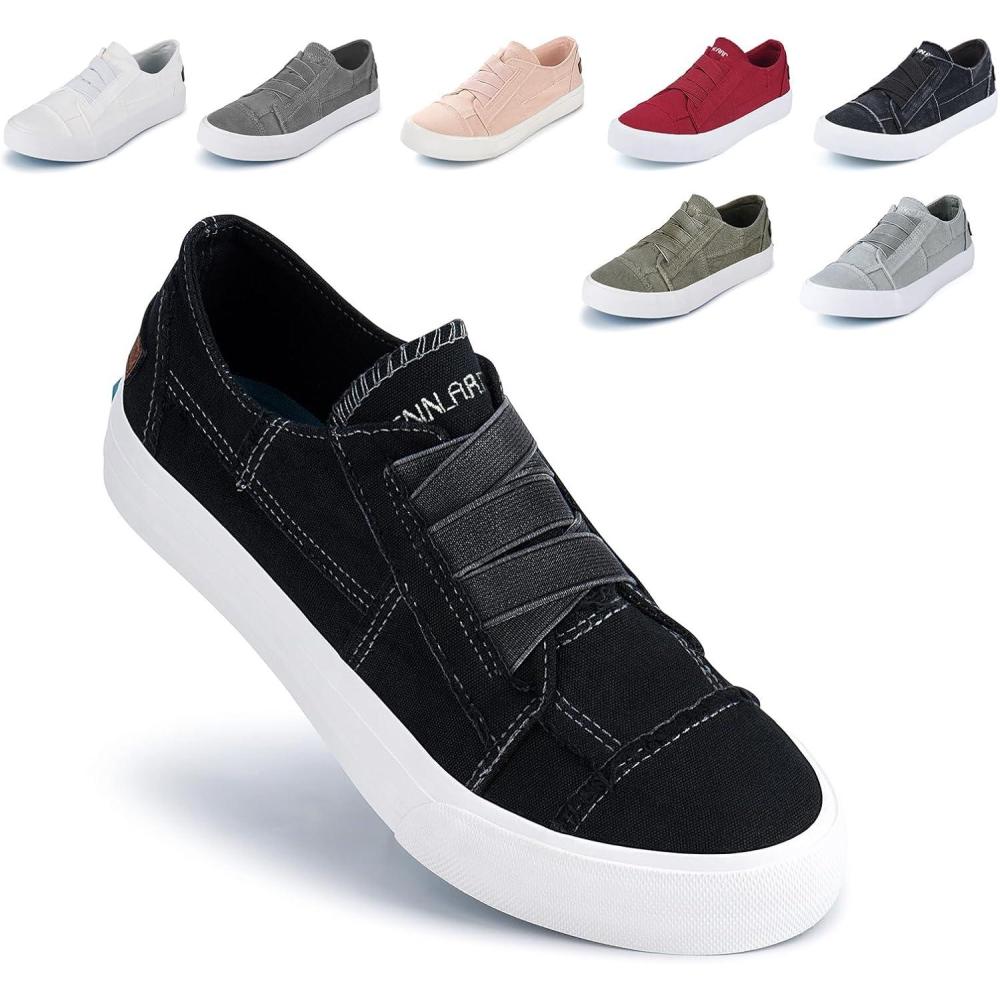 imageJENN ARDOR Womens Stylish Slip On Sneakers No Laces Elastic Low Top Canvas Sneakers Trendy Flats Comfortable Casual Walking ShoesBlack Canvas