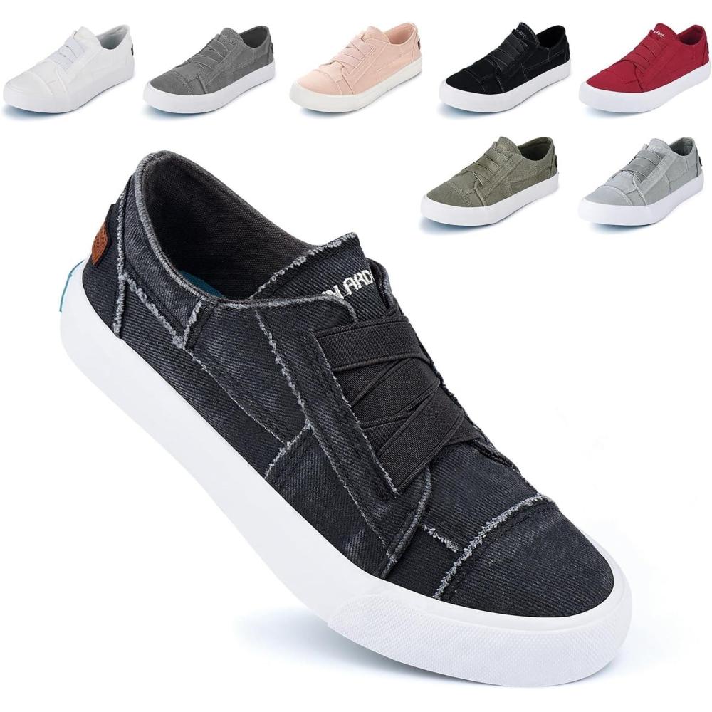 imageJENN ARDOR Womens Stylish Slip On Sneakers No Laces Elastic Low Top Canvas Sneakers Trendy Flats Comfortable Casual Walking ShoesGrey Black Smoked Twill
