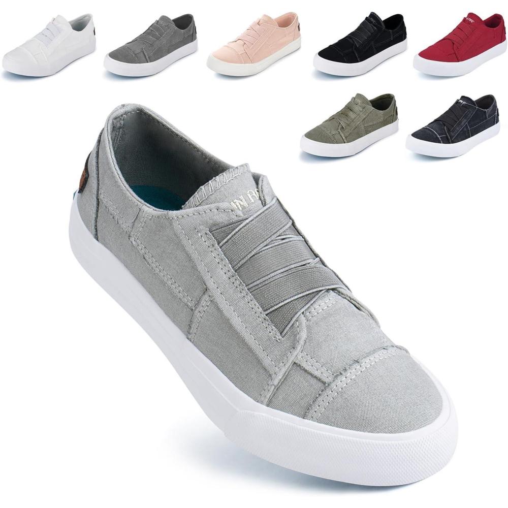 imageJENN ARDOR Womens Stylish Slip On Sneakers No Laces Elastic Low Top Canvas Sneakers Trendy Flats Comfortable Casual Walking ShoesLight Gray Canvas