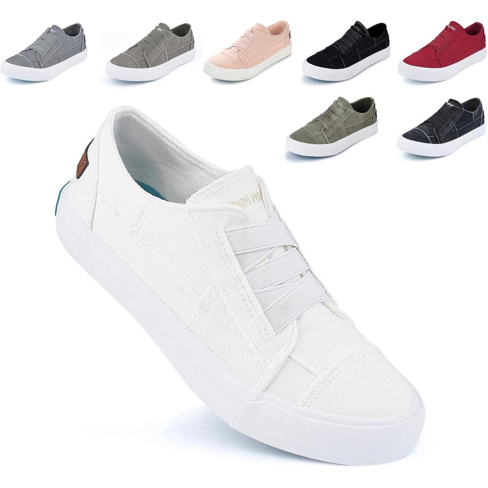 imageJENN ARDOR Womens Stylish Slip On Sneakers No Laces Elastic Low Top Canvas Sneakers Trendy Flats Comfortable Casual Walking ShoesWhitesmoked Twill