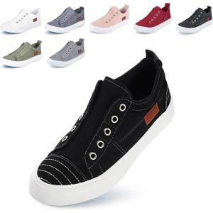 JENN ARDOR Womens Slip On Fashion Sneakers No Laces Comfortable Casual Low Canvas Sneakers Flats Walking Shoes(Black)