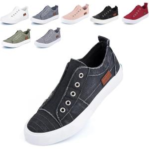 JENN ARDOR Womens Slip On Fashion Sneakers No Laces Comfortable Casual Low Canvas Sneakers Flats Walking Shoes(Grey Black-smoked Twill)