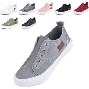 JENN ARDOR Womens Slip On Fashion Sneakers No Laces Comfortable Casual Low Canvas Sneakers Flats Walking Shoes(Light Grey-smoked Twill)
