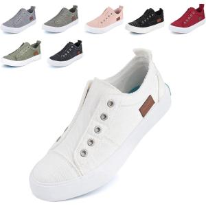 JENN ARDOR Womens Slip On Fashion Sneakers No Laces Comfortable Casual Low Canvas Sneakers Flats Walking Shoes(Off-white-smoked Twill)