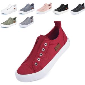 JENN ARDOR Womens Slip On Fashion Sneakers No Laces Comfortable Casual Low Canvas Sneakers Flats Walking Shoes(Red-smoked Twill)