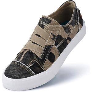 JENN ARDOR Women’s Stylish Slip On Sneakers No Laces Elastic Low Top Canvas Sneakers Trendy Flats Comfortable Casual Walking Shoes(Camo Canvas)