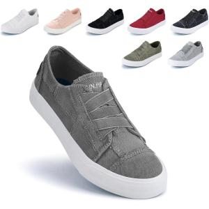 JENN ARDOR Women’s Stylish Slip On Sneakers No Laces Elastic Low Top Canvas Sneakers Trendy Flats Comfortable Casual Walking Shoes(Grey)