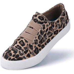 JENN ARDOR Women’s Stylish Slip On Sneakers No Laces Elastic Low Top Canvas Sneakers Trendy Flats Comfortable Casual Walking Shoes(Leopard Print Canvas)