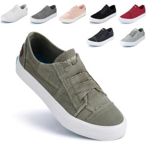 JENN ARDOR Women’s Stylish Slip On Sneakers No Laces Elastic Low Top Canvas Sneakers Trendy Flats Comfortable Casual Walking Shoes(Olive Canvas)