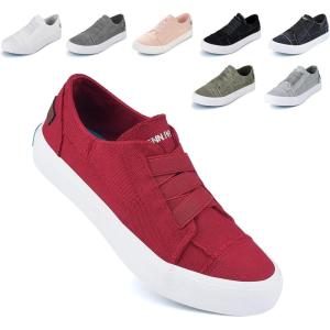 JENN ARDOR Women’s Stylish Slip On Sneakers No Laces Elastic Low Top Canvas Sneakers Trendy Flats Comfortable Casual Walking Shoes(Red-smoked Twill)