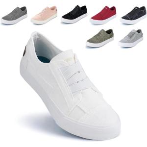 JENN ARDOR Women’s Stylish Slip On Sneakers No Laces Elastic Low Top Canvas Sneakers Trendy Flats Comfortable Casual Walking Shoes(White Canvas)