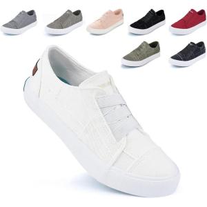 JENN ARDOR Women’s Stylish Slip On Sneakers No Laces Elastic Low Top Canvas Sneakers Trendy Flats Comfortable Casual Walking Shoes(White-smoked Twill)