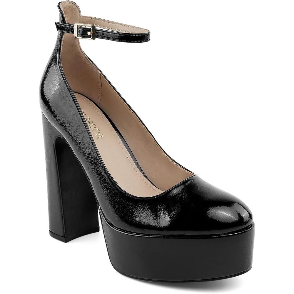imageJENN ARDOR Womens Chunky Platform High Heels Closed Toe Block Pumps Ankle Strap Dress Wedding Party PumpsBlackPu