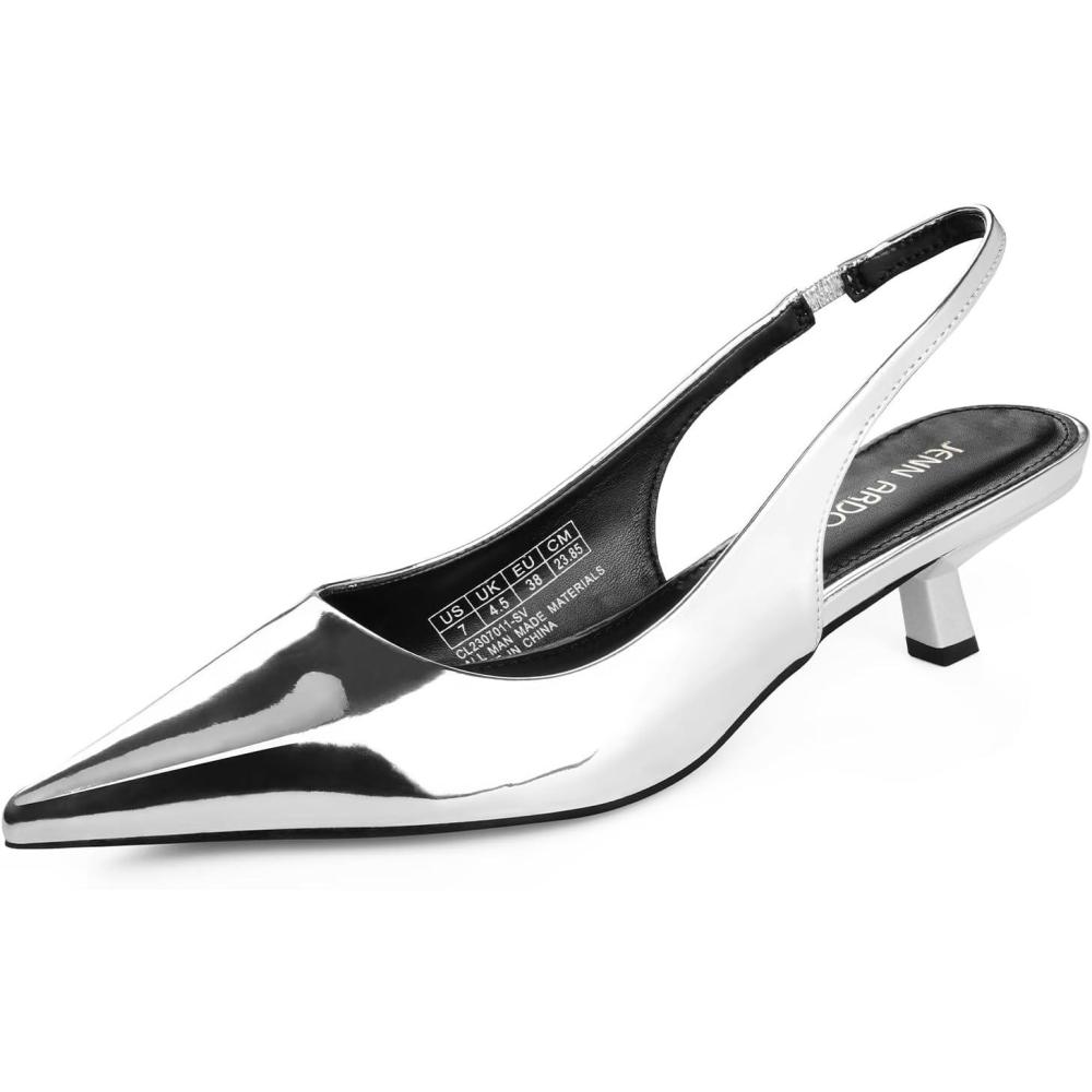 imageJENN ARDOR Womens Kitten Heels Closed Pointed Toe Elastic Slingback Sexy Low Heels Bridal Wedding Guest Dress Prom Pumps ShoesSilverpu