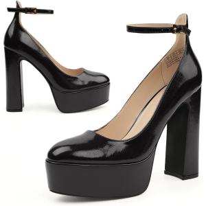 JENN ARDOR Platform Heels for Women Chunky Heel Closed Toe High Heels Block Heel Ankle Strap(Black/Pu)