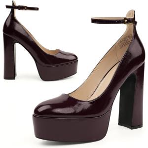 JENN ARDOR Platform Heels for Women Chunky Heel Closed Toe High Heels Block Heel Ankle Strap(Bordeaux Red/Pu)
