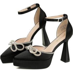 JENN ARDOR Platform Heels for Women Rhinestone Sparkly Bow High Heels Closed Pointed Toe Stilettos Ankle Buckle Strap Pumps Wedding Party Prom Dress Shoes(Black – Super Soft Silk)