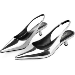 JENN ARDOR Slingback Heels for Women Low Heels Dress Shoes Kitten Pumps Dressy Heeled Sandals Wide Width Fashion Casual Shoes(Metallic Silver)