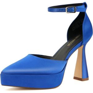 JENN ARDOR Women’s Chunky Platform High Block Heels Pointed Closed Toe Ankle Strap Comfortable Sexy Party Dress Wedding Pumps Shoes(Royal Blue-satin)