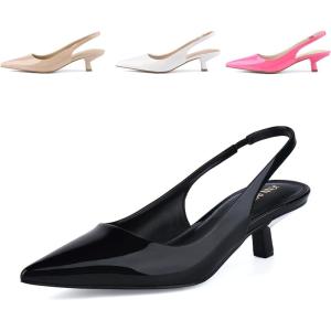 JENN ARDOR Womens Kitten Heels Closed Pointed Toe Elastic Slingback Sexy Low Heels Bridal Wedding Guest Dress Prom Pumps Shoes(Black-pu)
