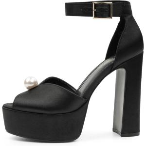 JENN ARDOR Womens Open Toe Pearl Platform Heels for Women Chunky Buckle Ankle Strap Wedding Heeled Sandals Dress Evening Bride Bridal Shoes(Black)