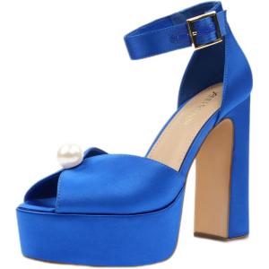 JENN ARDOR Womens Open Toe Pearl Platform Heels for Women Chunky Buckle Ankle Strap Wedding Heeled Sandals Dress Evening Bride Bridal Shoes(Navy Blue)