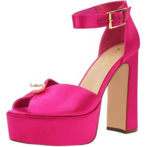 JENN ARDOR Womens Open Toe Pearl Platform Heels for Women Chunky Buckle Ankle Strap Wedding Heeled Sandals Dress Evening Bride Bridal Shoes(Red)