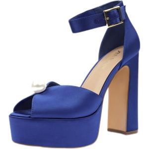 JENN ARDOR Womens Open Toe Pearl Platform Heels for Women Chunky Buckle Ankle Strap Wedding Heeled Sandals Dress Evening Bride Bridal Shoes(Royal Blue)