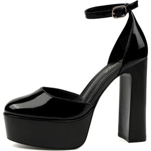 JENN ARDOR Women’s Platform Heels 5 Inch Chunky High Heel Pumps Block Heels 1.7 Inch Platform Ankle Strap Closed Toe for Dress Wedding Party Pumps(Black- Mirror)