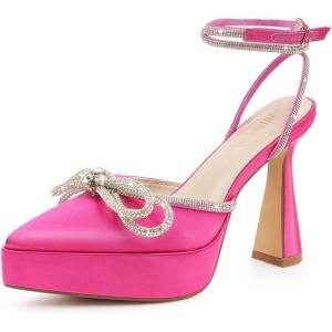 JENN ARDOR Women’s Platform Heels Ankle Strap Pumps High Heeled Pointed Toe Stiletto High Heel Sandals Rhinestones Bow Knot Party Prom Dress Pumps Shoes for Women(Hot Pink)