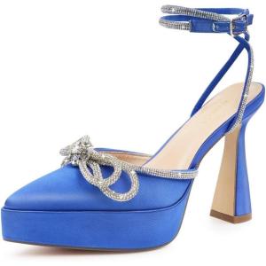 JENN ARDOR Women’s Platform Heels Ankle Strap Pumps High Heeled Pointed Toe Stiletto High Heel Sandals Rhinestones Bow Knot Party Prom Dress Pumps Shoes for Women(Royal Blue)