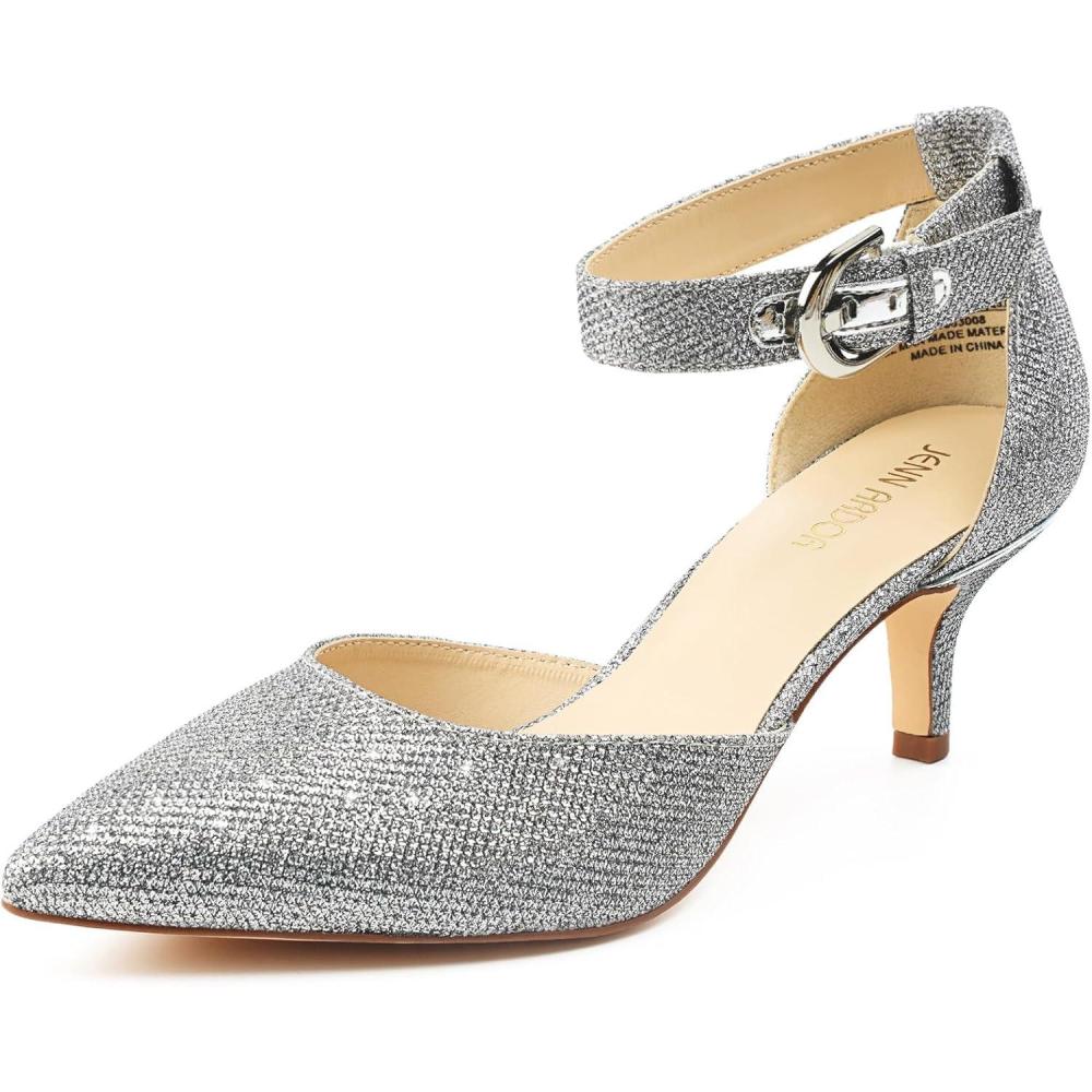 image:imageJENN ARDOR Womens Kitten Heel Pumps Ladies Closed Pointed Toe DOrsay Ankle Strap Dress StilettoSilver