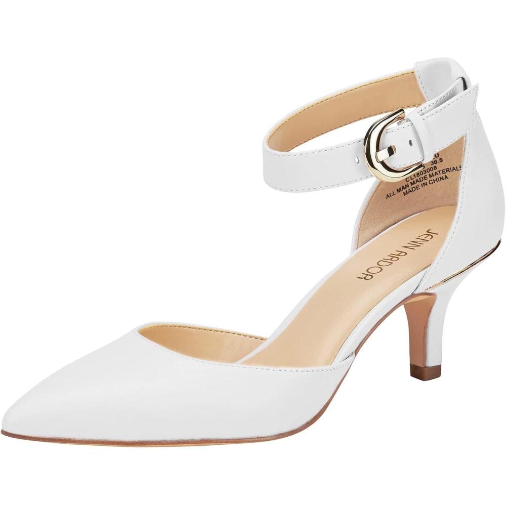 image:imageJENN ARDOR Womens Kitten Heel Pumps Ladies Closed Pointed Toe DOrsay Ankle Strap Dress StilettoWhite