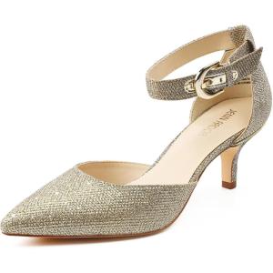 JENN ARDOR Women’s Kitten Heel Pumps Ladies Closed Pointed Toe D’Orsay Ankle Strap Dress Stiletto(Gold)