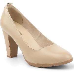 JENN ARDOR Women’s Pumps Closed Round Toe Block High Heels 3 inch Leather Pump Shoes(Natural-pu)