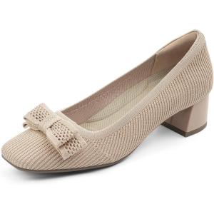 JENN ARDOR Low Chunky Heels Dress Shoes for Women Comfort Knit Block Heeled Pumps Closed Square Toe Cute Bow Slip on Shoes for Wedding Party Prom Office Work