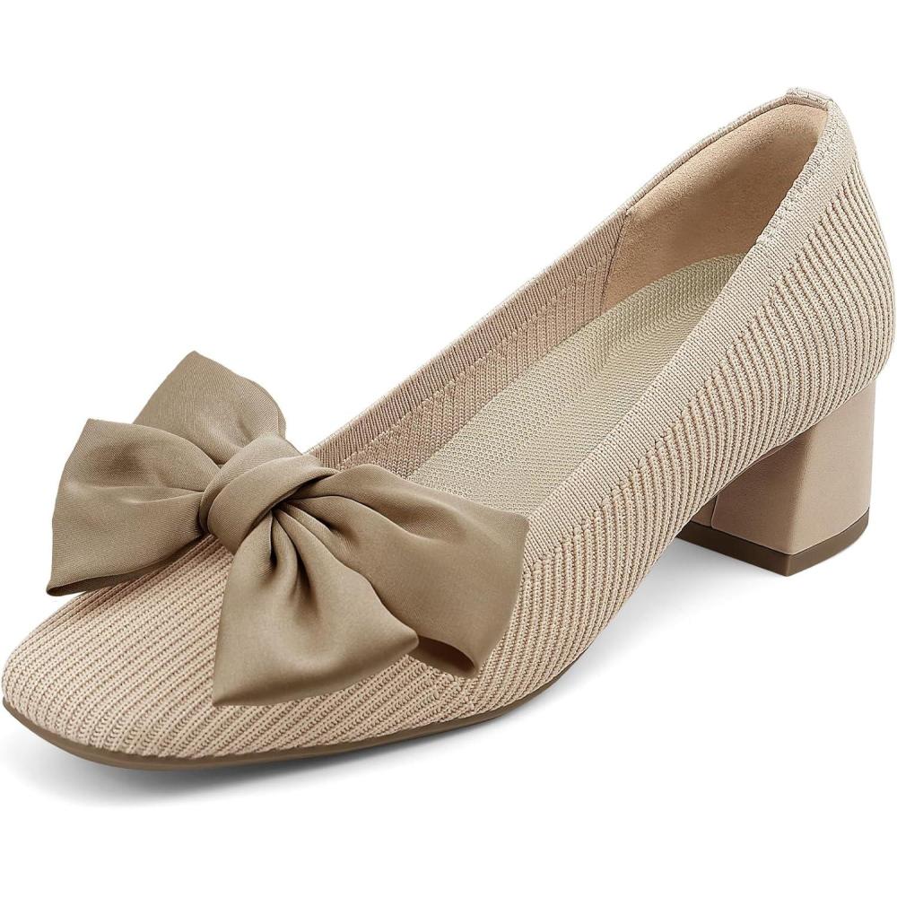 image:imageJENN ARDOR Comfortable Low Chunky Dress Shoes for Women Bow Knit Closed Square Toe Heels Casual Slip on Block Pumps for Wedding Party Business Work OfficeNude