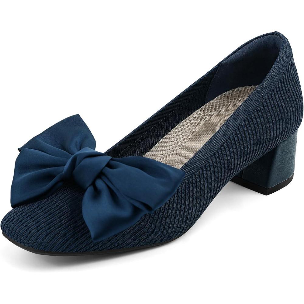 image:imageJENN ARDOR Comfortable Low Chunky Dress Shoes for Women Bow Knit Closed Square Toe Heels Casual Slip on Block Pumps for Wedding Party Business Work OfficeNavy