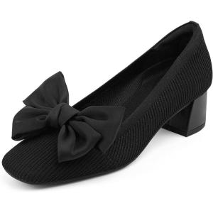 JENN ARDOR Comfortable Low Chunky Dress Shoes for Women Bow Knit Closed Square Toe Heels Casual Slip on Block Pumps for Wedding Party Business Work Office(Black)