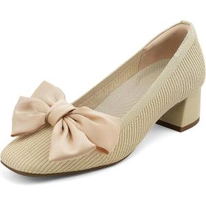 JENN ARDOR Comfortable Low Chunky Dress Shoes for Women Bow Knit Closed Square Toe Heels Casual Slip on Block Pumps for Wedding Party Business Work Office(Beige)