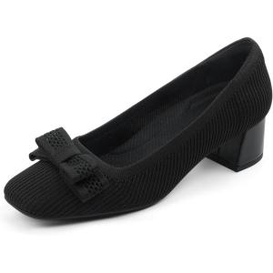 JENN ARDOR Low Chunky Heels Dress Shoes for Women Comfort Knit Block Heeled Pumps Closed Square Toe Cute Bow Slip on Shoes for Wedding Party Prom Office Work(Black)