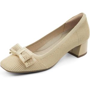 JENN ARDOR Low Chunky Heels Dress Shoes for Women Comfort Knit Block Heeled Pumps Closed Square Toe Cute Bow Slip on Shoes for Wedding Party Prom Office Work(Beige)