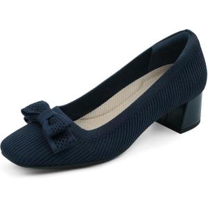 JENN ARDOR Low Chunky Heels Dress Shoes for Women Comfort Knit Block Heeled Pumps Closed Square Toe Cute Bow Slip on Shoes for Wedding Party Prom Office Work(Navy)